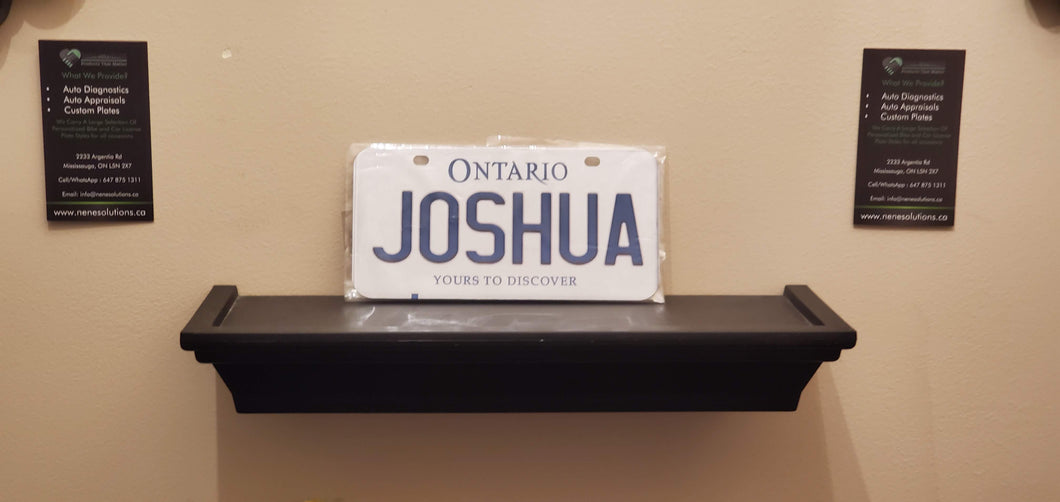 JOSHUA : Custom Bike Plate Ontario For Novelty Souvenir Gift Display Special Occasions Mancave Garage Office Windshield