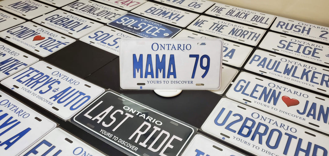 Custom Ontario White Car License Plate: MAMA 79