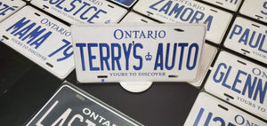 Custom Ontario White Car License Plate: TERRY'S AUTO