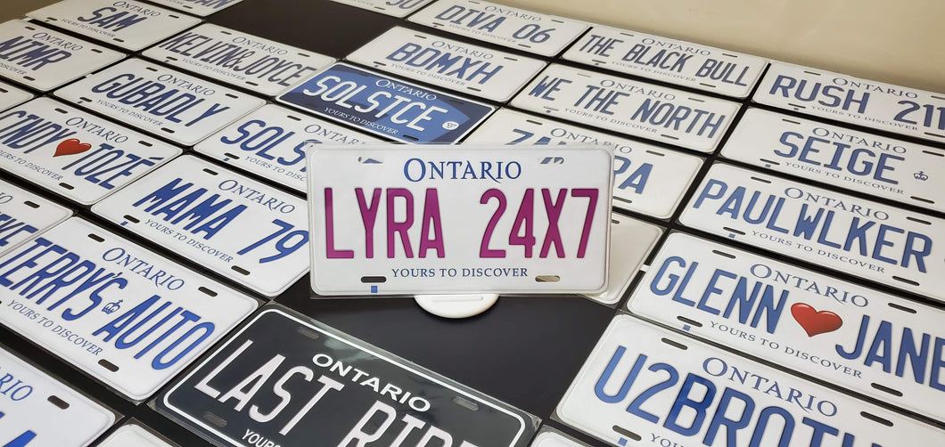 Custom Ontario White Car License Plate with Colored Font: LYRA 24X7