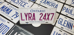 Custom Ontario White Car License Plate with Colored Font: LYRA 24X7