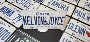 Custom Ontario White Car License Plate: Kelvin& Joyce