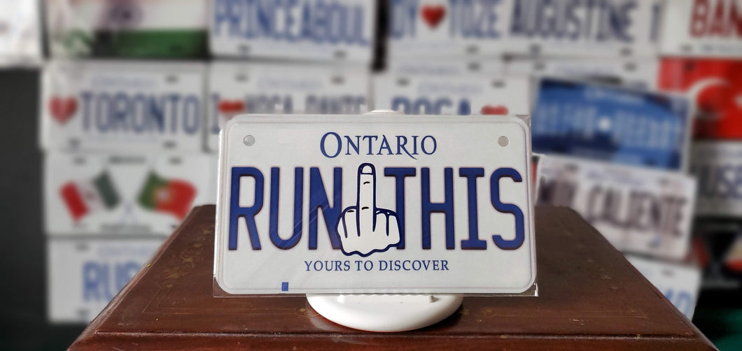 RUN 🖕 THIS : Custom Bike Plate Ontario For Novelty Souvenir Gift Display Special Occasions Mancave Garage Office Windshield