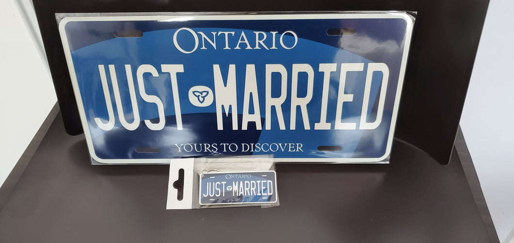 JUST MARRIED : Custom Car Plate Ontario For Novelty Souvenir Gift Display Special Occasions Mancave Garage Office Windshield