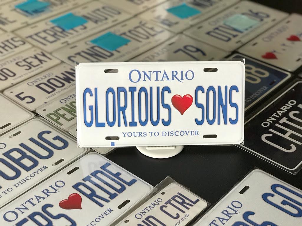 Personalized Ontario White Style License Plate: Glorious <3 Sons