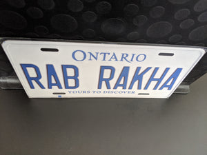 RAB RAKHA : Custom Car Ontario For Off Road License Plate Souvenir Personalized Gift Display