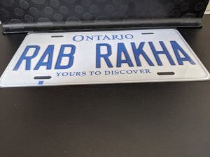 RAB RAKHA : Custom Car Ontario For Off Road License Plate Souvenir Personalized Gift Display
